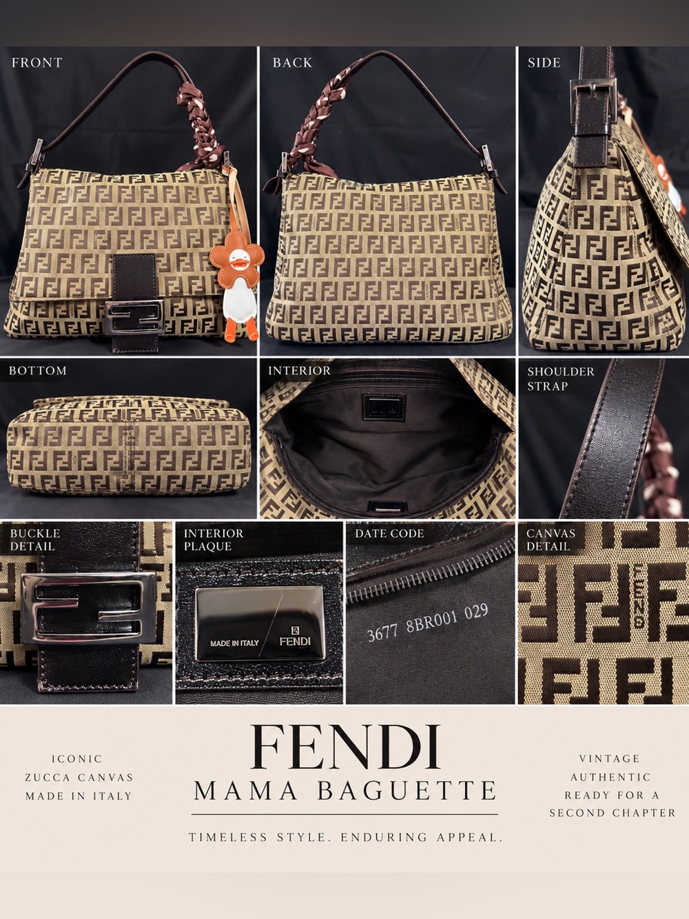 Vintage Fendi Brown Zucca Canvas Mama Baguette Shoulder Bag